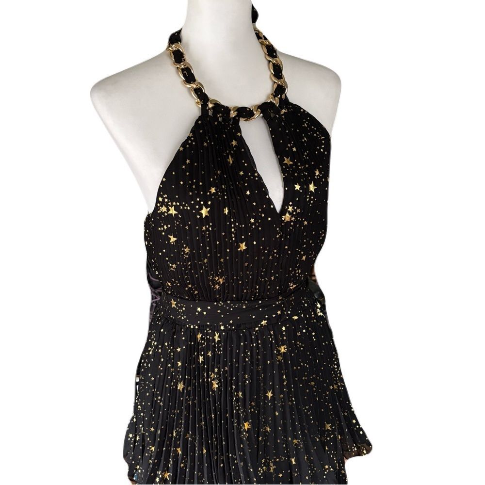 NWT Alex Marie Black and Gold Tiered Pleated Halter Maxi Dress – Size 4 - Picture 5 of 14